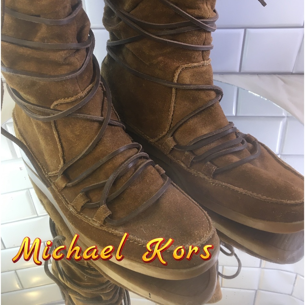 Michael Kors Moccasin Style Calf High Boots Shoes Brown Suede Womens 8